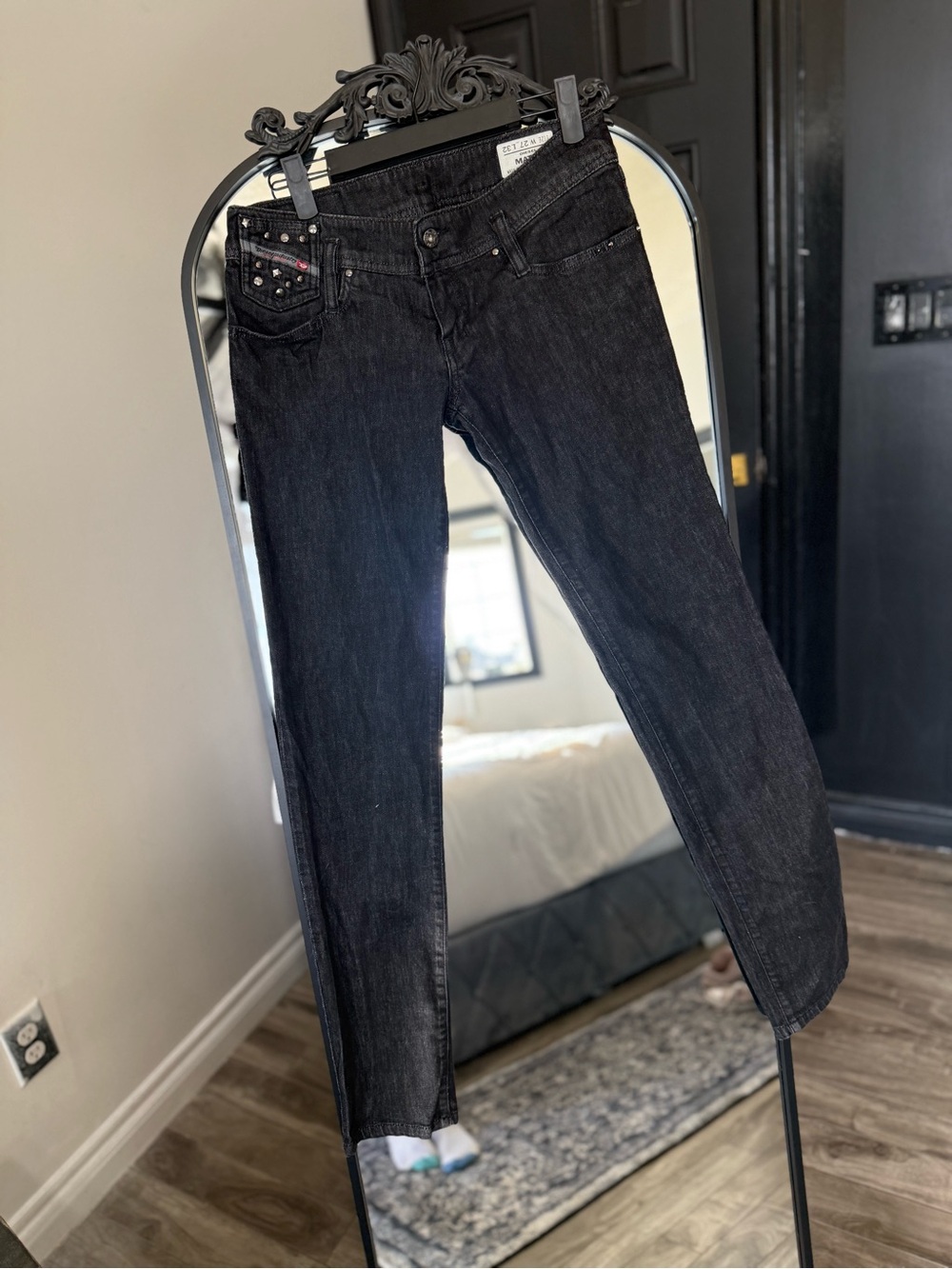 Diesel Black Skinny Jeans with Studded Pocket Accent